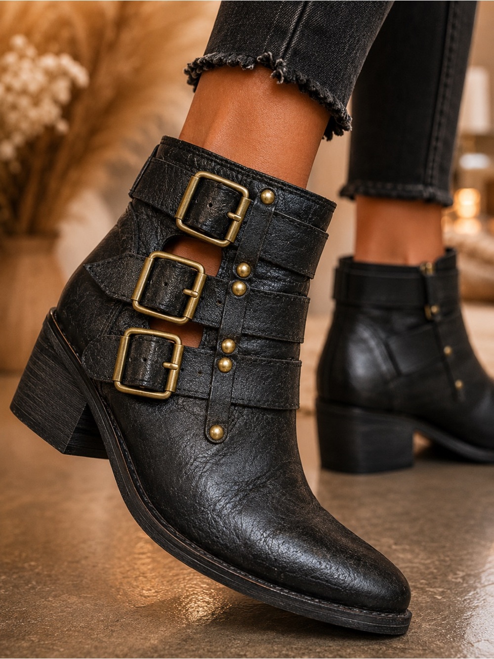 JEFFREY CAMPBELL Black Genuine Leather Triple Buckle Ankle Boot Pointed Toe Moto